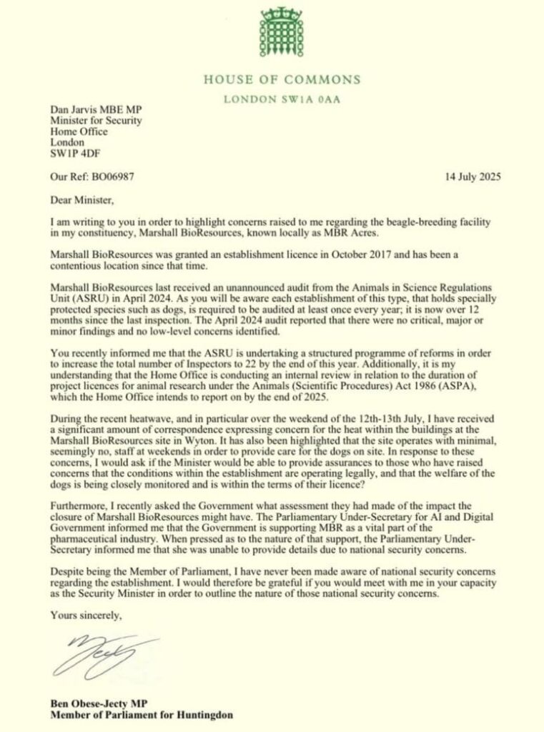 Ben Obese-Jecty MP Letter